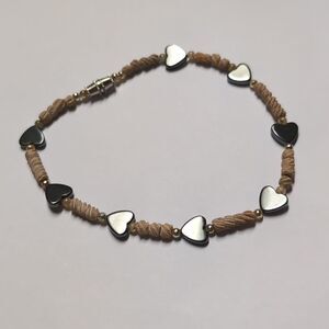 147 Brown Wood Beaded and Hematite‎ Hearts Bracelet
